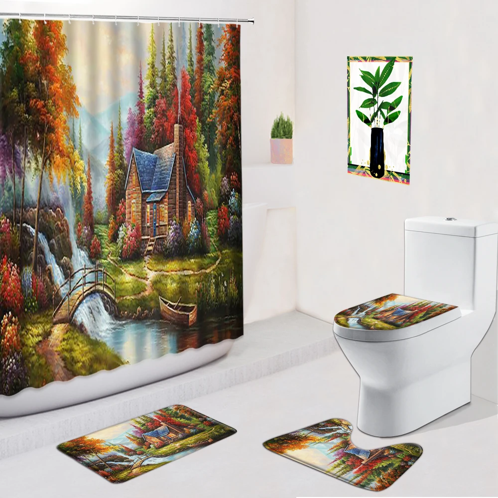 

Purple Tree Dream Scenery Shower Curtains Oil Painting Rural Style Bathroom Decor Non-Slip Carpet Toilet Foot Pad Bath Mat Set