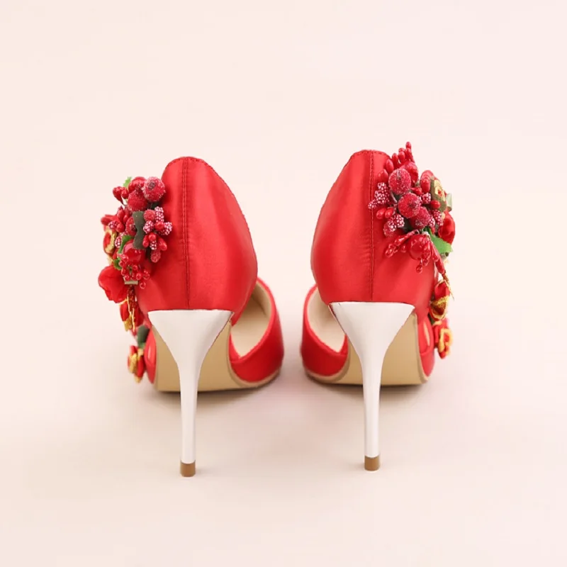 Red satin bride ultra high heel stiletto hollow flower dress wedding shoes female sandals 2019 summer new style | Обувь