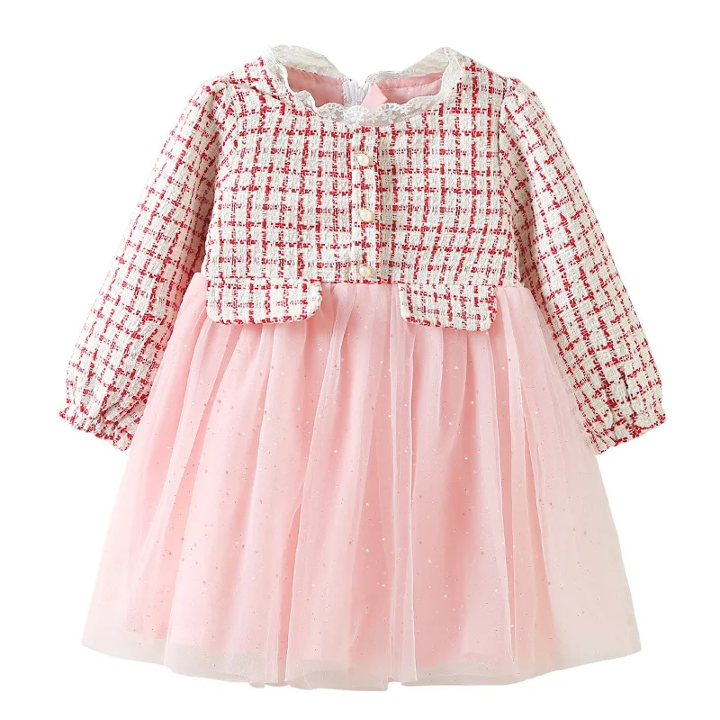 

Kids Plaid Long Sleeve Dresses Fashion Girls Round Neck Splicing Mesh Elegant Princess Dress Children Clothing 2-6 Years