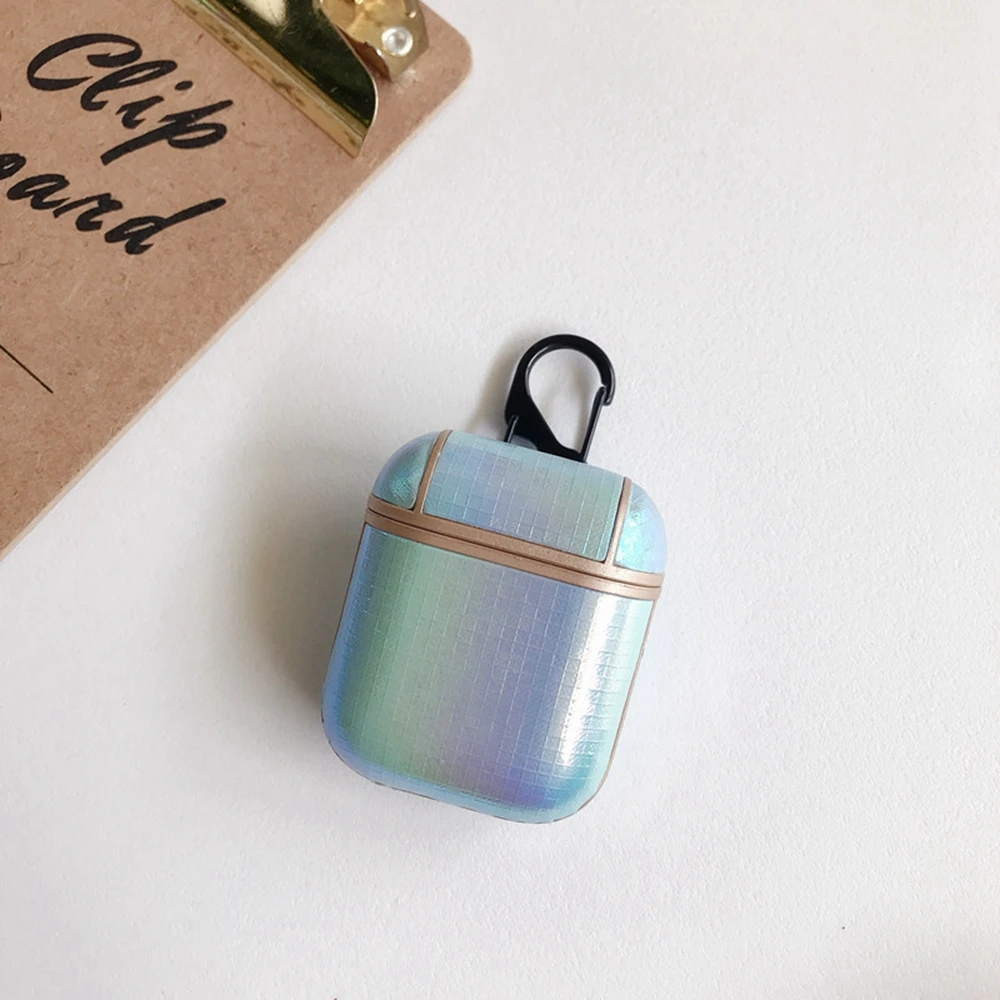 Роскошный чехол для Airpods кожаный с крюком блестящий кожи лазерный дизайн Air Pod 1 2