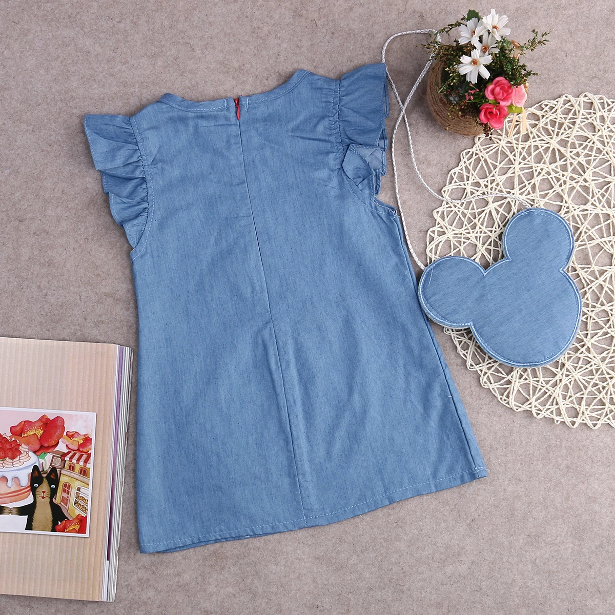 

Kids Girl Solid Ruffle Short Sleeve Dress with Mouse Bag Denim Sweet Party Dresses Sundress Clothes Kids Dresses for Girls 2021