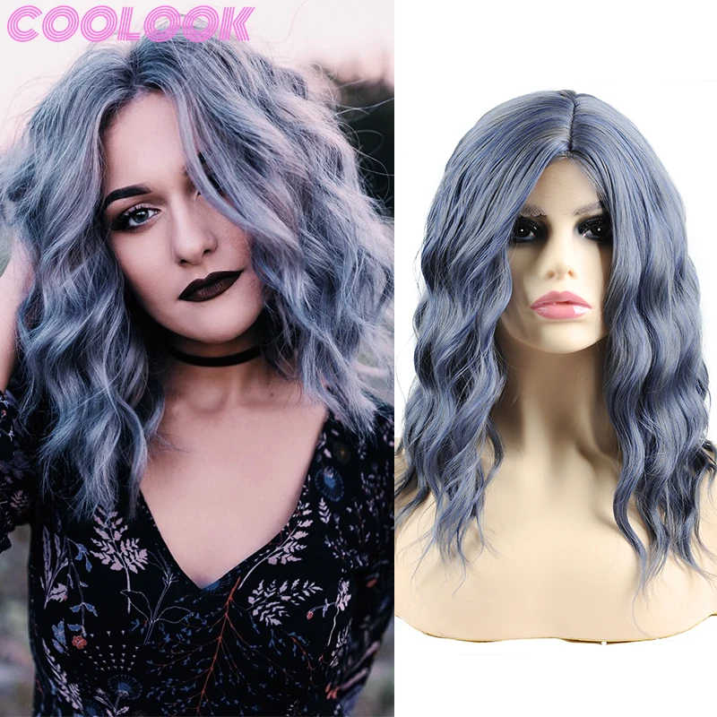 

14 Inch Short Wavy Bob Wigs for Women Mixed Blue Natural Curly Wavy Wig African American Synthetic Omber Ocean Wave Cosplay Wigs