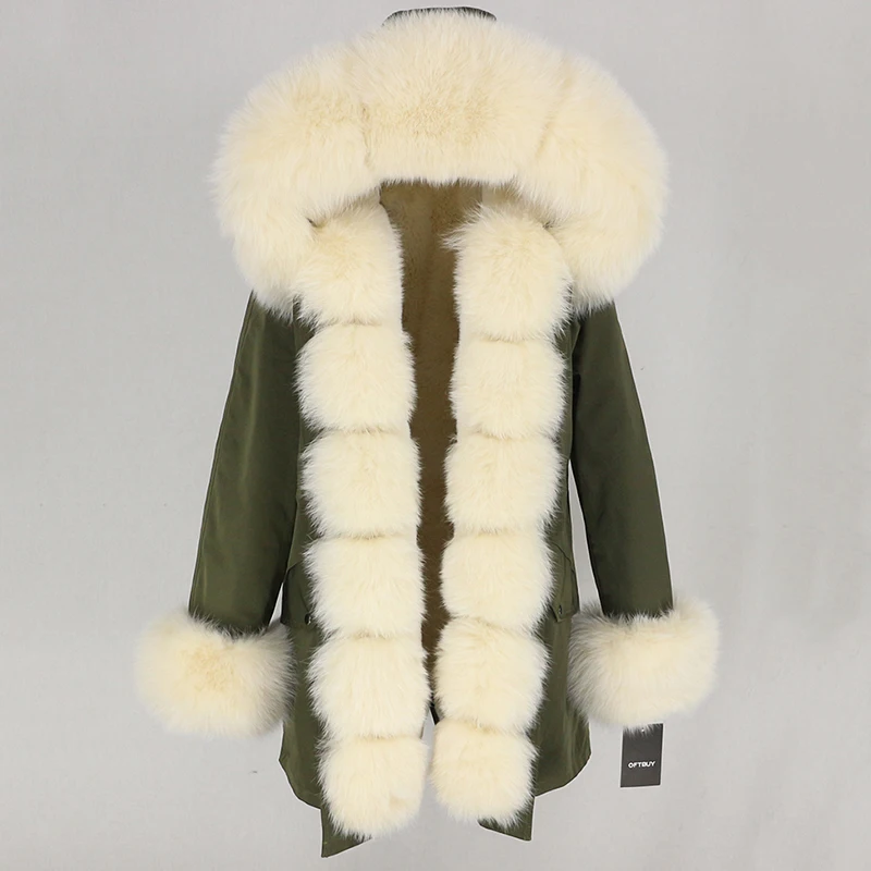 green beige OFTBUY, водонепроницаемая длинная парка, зимняя куртка, для женщин, натуральный мех, пальто, натуральный Лисий мех, воротник, капюшон, толстая, теплая, уличная, съемная, Новинка - Цвет: green beige