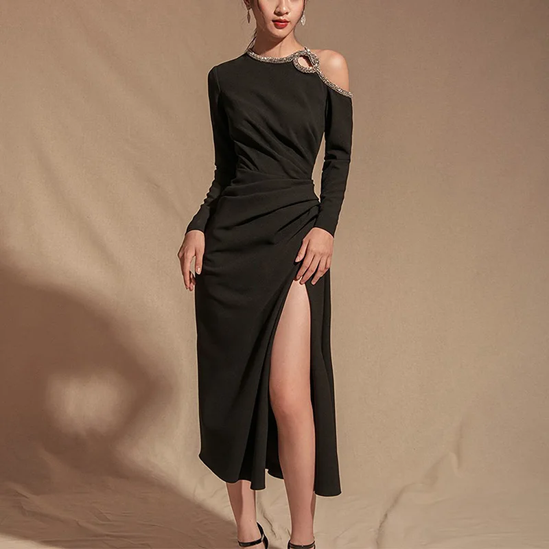 

Sexy Strapless Evening Dress Skirt Female Banquet Slim Temperament Mid-length Split for Women Bridal Party Beach Black Dress