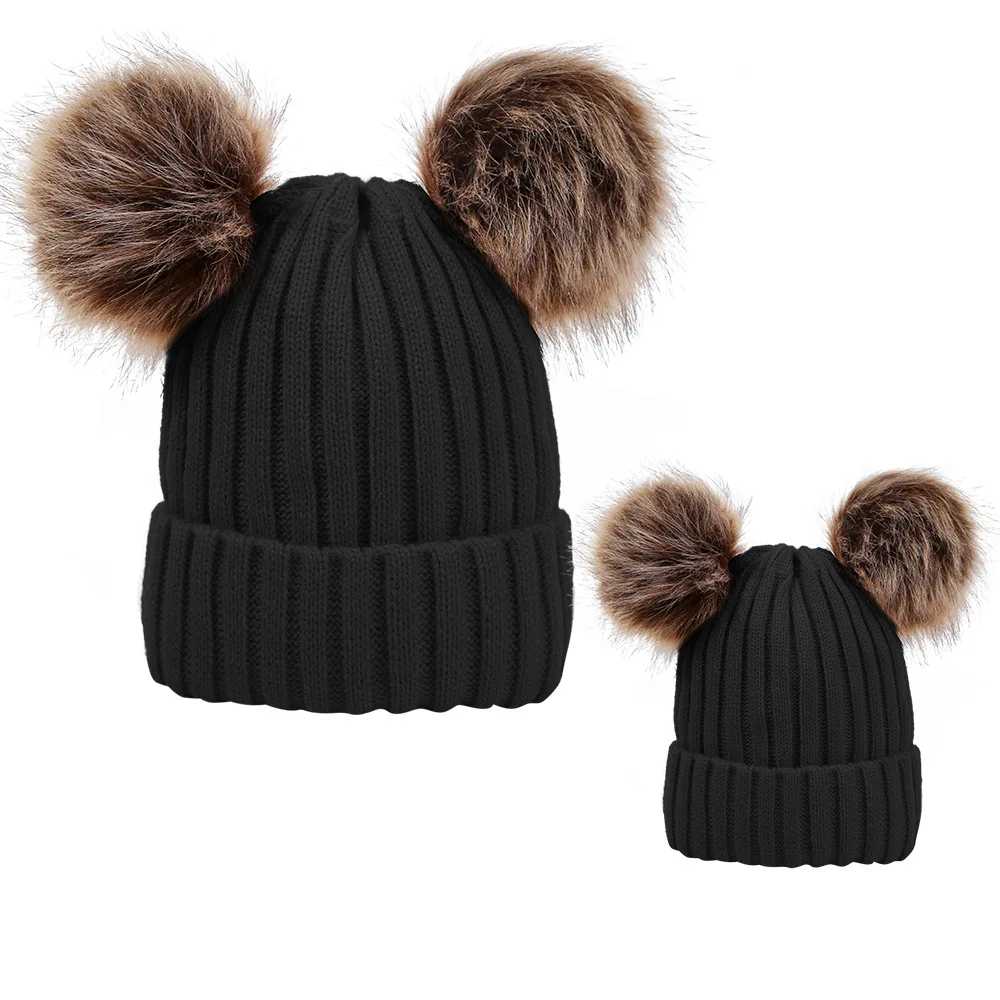 Осенне-зимняя женская вязаная теплая шерстяная шапка для родителей и детей с