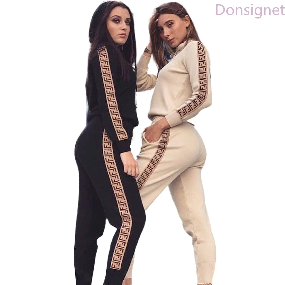 Donsignet Women's Suit Fashion Spring and Autumn Hooded Collar Pullover Long Sleeve Solid Color Letter Printing Two piece Suit| |