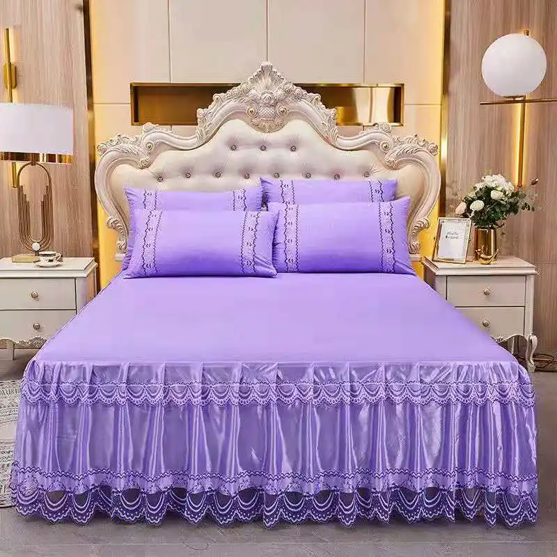 

Summer Lace Solid Bed Skirt Pillow Case Sheet Set Princess Style Twin Queen Bedding Set Home Textiles