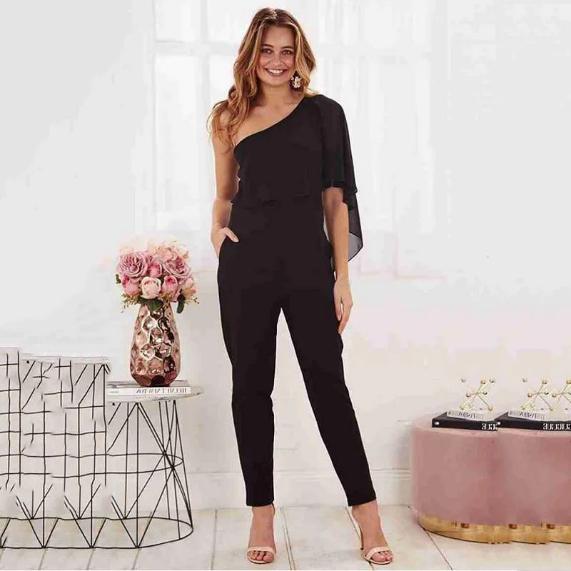 

Women's Oblique Lead Leisure Jumpsuit Female Clothes Wryshoulder Pocket Sexy Romper One Piece Pants Romper