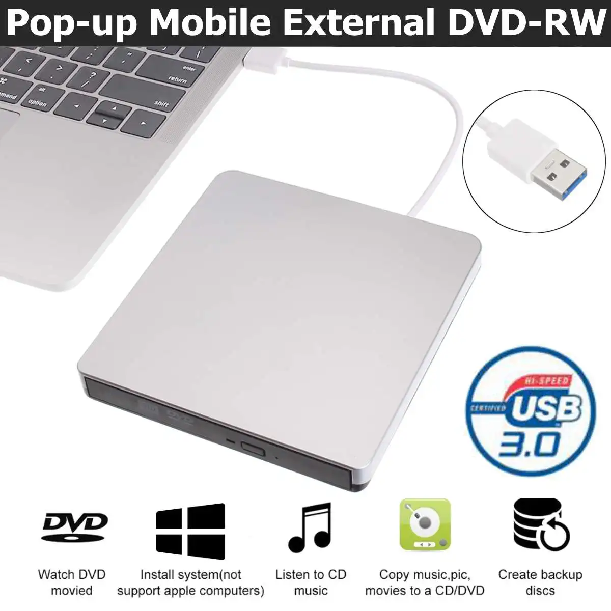 Type C White Тип C USB 3,0 внешний DVD/CD/VCD горелка RW SVCD привод плеер оптический привод для Mac/PC/Apple ноутбук/OS/Windows - Цвет: Type C White