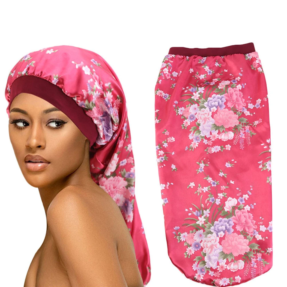 Атласная шапочка для сна длинных волос шелковая длинная с мягкой эластичной