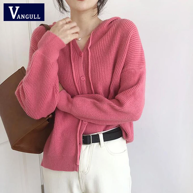 

Повседневный однотонный вязаный кардиган Vangull с капюшоном, женский свитер, Осенний теплый однобортный женский свитер, Дамский кардиган на з...