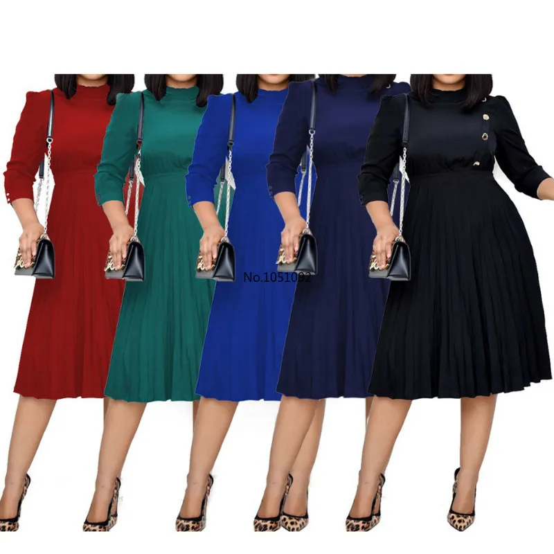 Женское плиссированное платье высокая талия с пуговицами скромное офисное