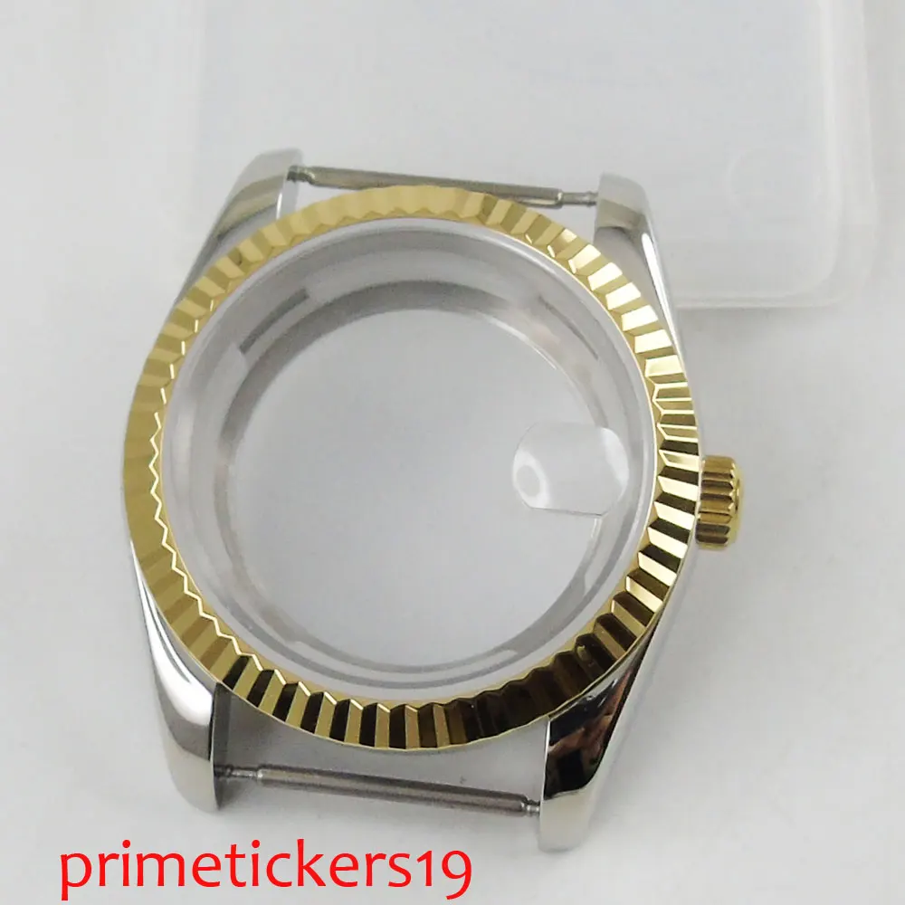 

Gold plated bezel 36mm sapphire glass date 316L stainless steel watch case fit 2813 ETA 2836 Miyota 8215 movement