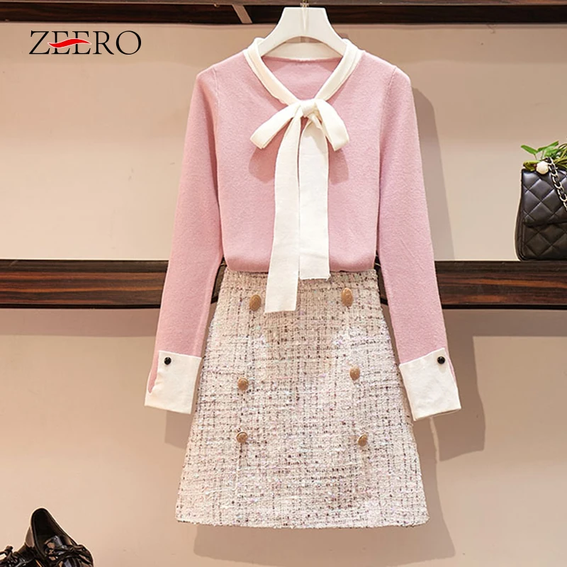 Женский трикотажный костюм с юбкой розовый свитер и юбка в клетку бантом Тонкий