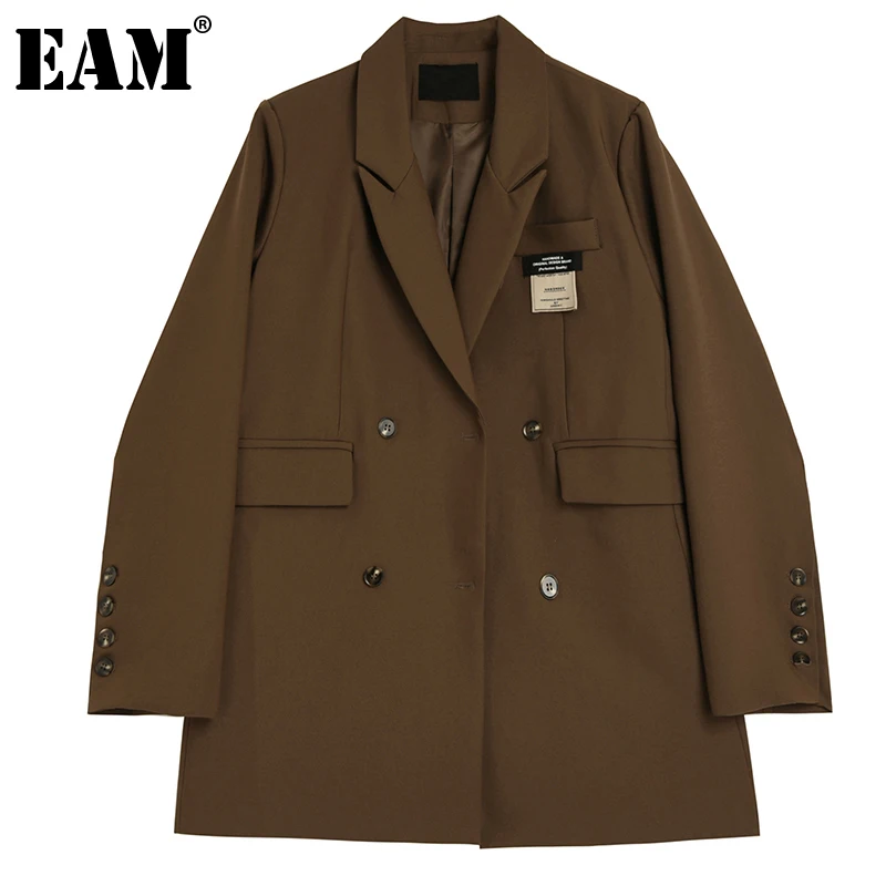 

[EAM] Women Brown Brief Big Size Casual Blazer New Lapel Long Sleeve Loose Fit Jacket Fashion Tide Spring Autumn 2021 1DE3054