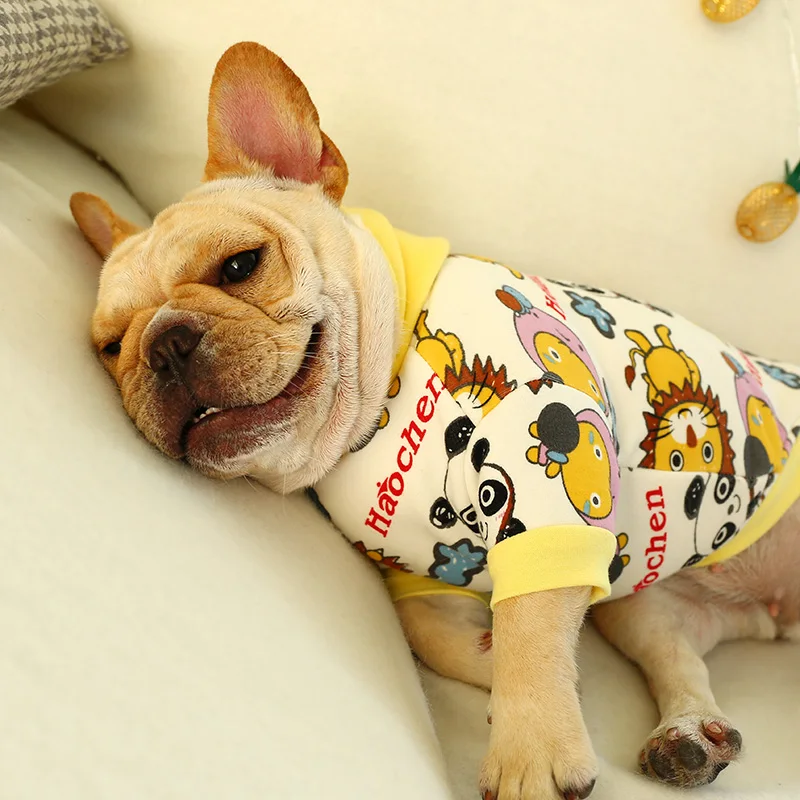 Стиль; сезон осень-зима; теплая толстовка с капюшоном для собак; Модная одежда для собак с героями мультфильмов из полиэстера; толстовка с французским бульдогом; пальто для маленьких домашних животных