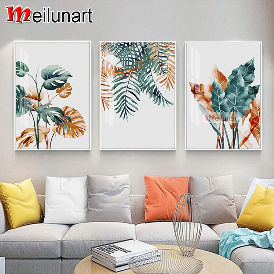 

Набор для алмазной вышивки «сделай сам», картина с зелеными листьями растений, Триптих 5d, полноразмерная круглая мозаика, украшение AS0937