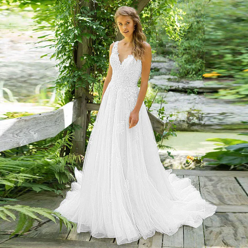 Белый Eightale Boho Свадебное платье с v-образным вырезом и аппликацией, а-силуэт, кружевное платье невесты,, Романтические свадебные платья, vestidos de novia - Цвет: Белый