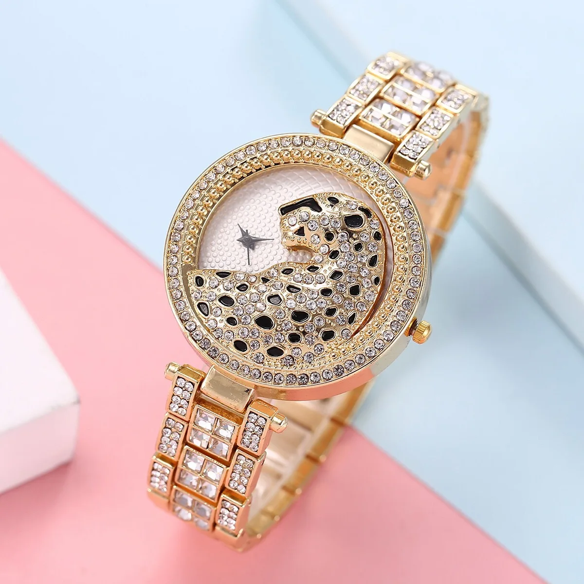 

Hot Style High Quality Fashion Steel Band Set Diamond Ladies Watch Rhinestone Face Leopard Print Full Diamond Watch Wholesale