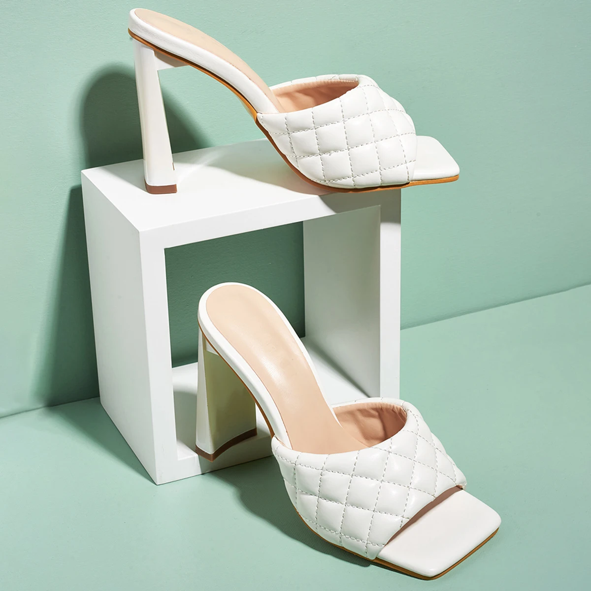 

Spring Summer Women's Sandals Square sole Mules slippers High heel Block heel slides Rhombus Casual Shoes Slip On