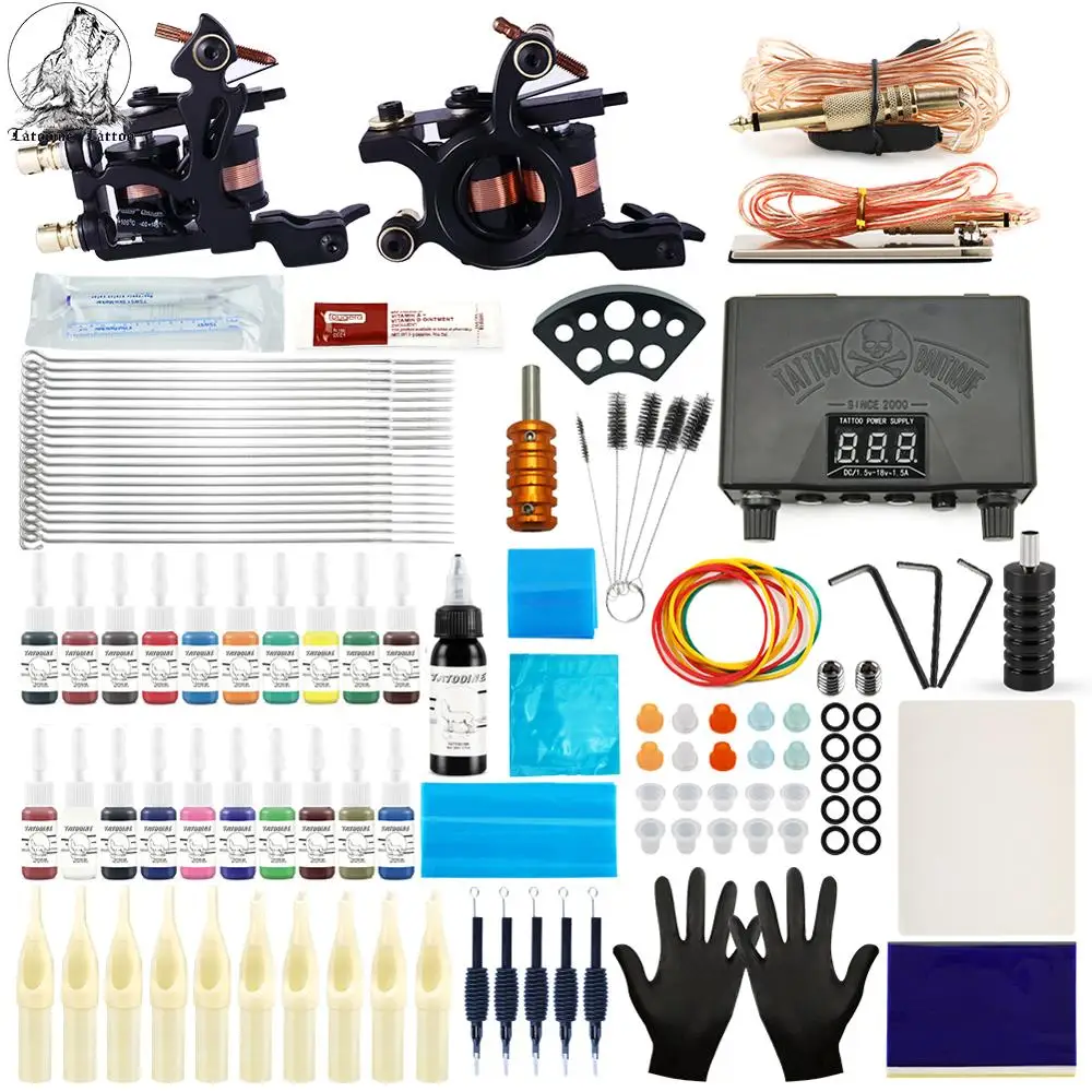 

Complete Tattoo Kit Machines Gun Set Power Supply Grips Body Art Tools Set Permanent Makeup Tattoo Set Black Pigment Inks