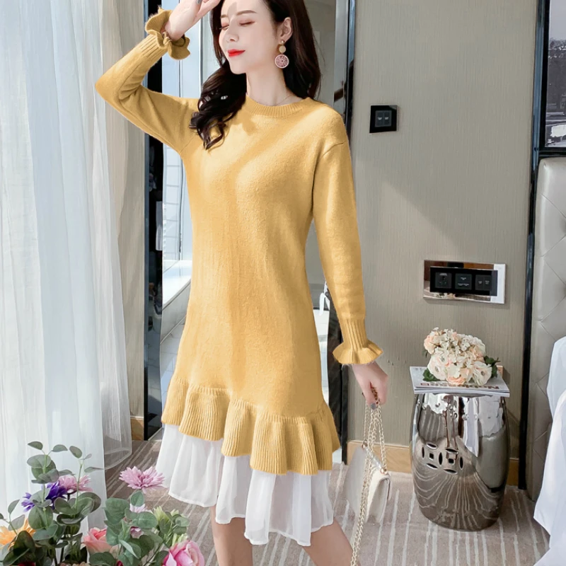 Winter Women Knitted Sweater Dress Thick Voile Ruffles Hem Long Sleeves Ladies Urban Knee-length Solid Dress Female Oversize