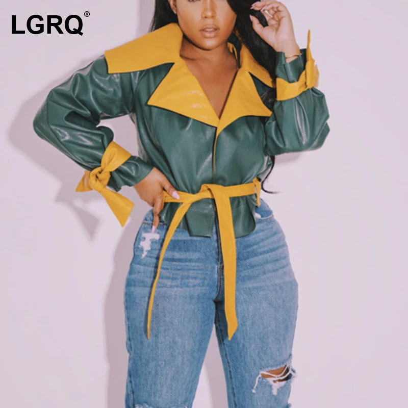 

[LGRQ] Loose Color Contrast PU Leatherl Jacket New Lapel Long Sleeve Women's Coat Fashion Tide Spring Autumn 2021 19D4618