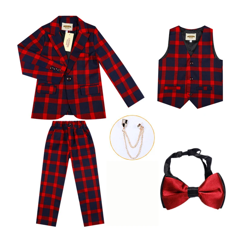 red 5pcs Детские торжественные костюмы, костюм для свадебного торжества для мальчиков Детский клетчатый смокинг, жилет, рубашка, штаны, костюм с бантом, комплекты - Цвет: red 5pcs