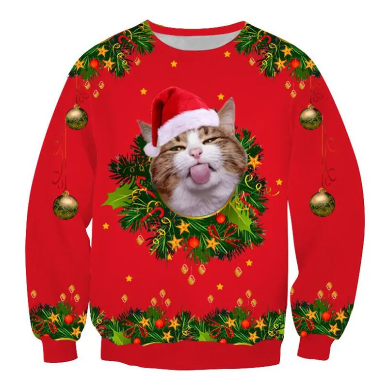 

Men Women Christmas Cat Ugly Christmas Sweaters Jumpers Tops Pullover Holiday Sweatshirt Couple Plus Size Xmas Clothing 3XL