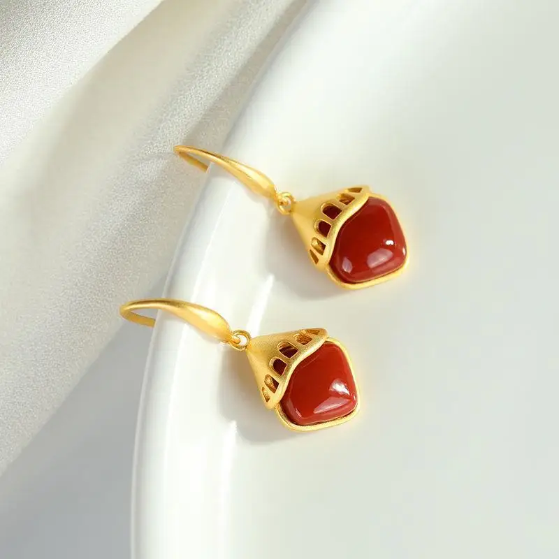 

Southern Red Agate Earrings Women's Simple High-Grade Earrings All-Matching Exquisite Short S925 Sterling Silver Elegant and Pe
