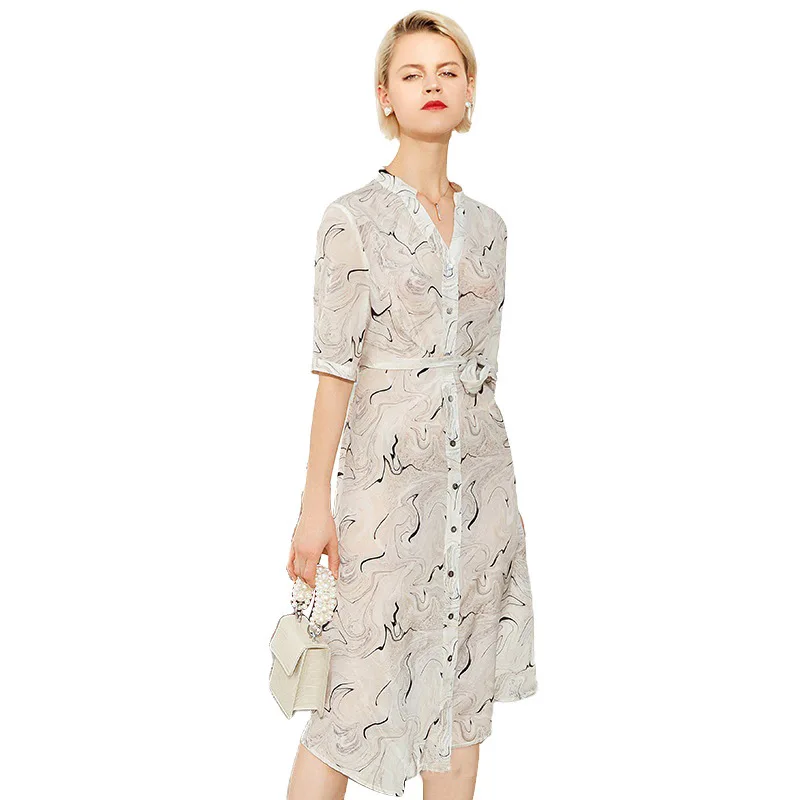 

Shenzhen South oil heavy silk print dress female v collar five-sleeve summer waist swing mid-length a-word skirt