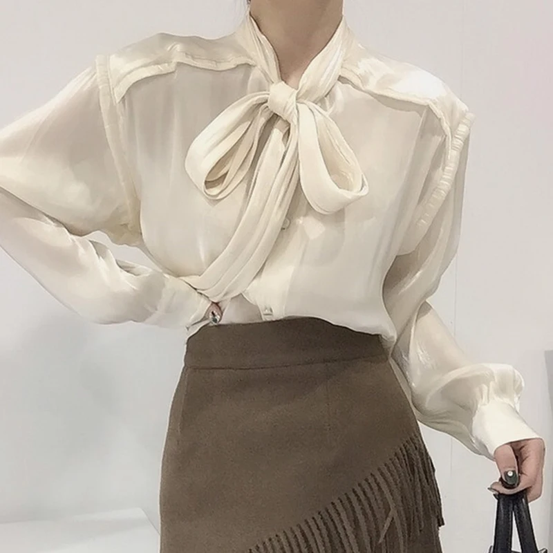 

Sannian Autumn Women Shirt Lace Bow Tie Neckline Gloss Design Loose Long-sleeved Shirt Top Women Clothes Tops