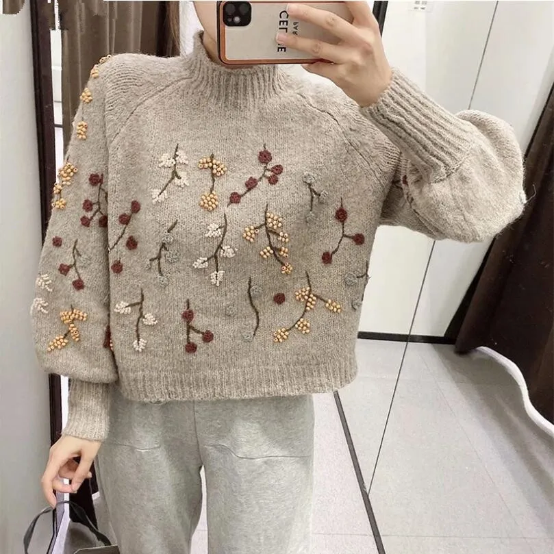 

Women's Vintage Korean Long Sleeve Pullover Chic Flowers Beaded Fashion Harajuku Knitted Sweater Keeps Warm Autumn Winter w2787