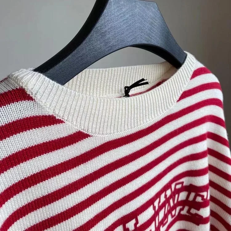 

Autumn and winter 2021 new boat neck red stripe letter wool sweater loose Pullover Sweater for women