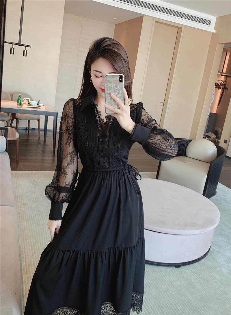

2021 Spring Elegant Lace Patchwork V-Neck Long Sleeve Party Dress Female Vintage Women High Waist Holiday Maxi Dress Vestidos