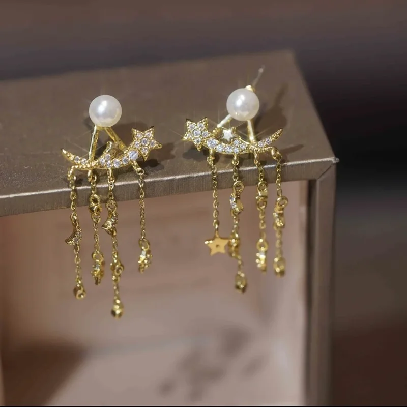 

Fashion Shining Micro-inlaid Zircon Stars Moon Tassel Earrings for Women Design Luxury Jewelry High Quality Wedding Jewelry
