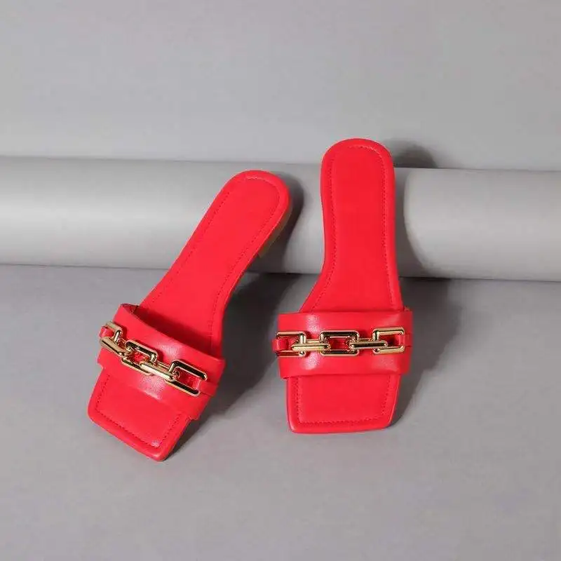 2021 Spring New Large Size Women's Shoes With Metal Buckle Square Toe Low-heel Fashion One-step Sandals And Slippers
