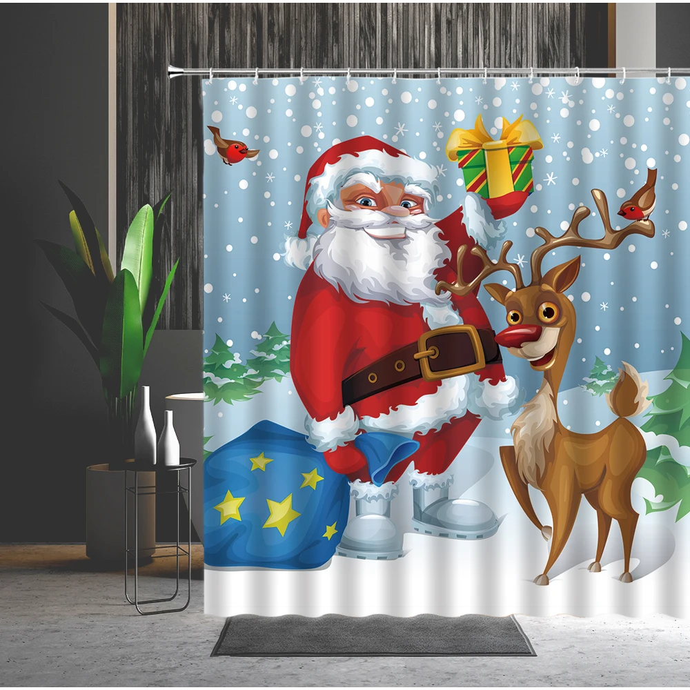 

Christmas Theme Shower Curtains Santa Claus Cartoon Elk Snowflake Pine Home Decor Bath Accessories Washable Bathroom Curtain Set