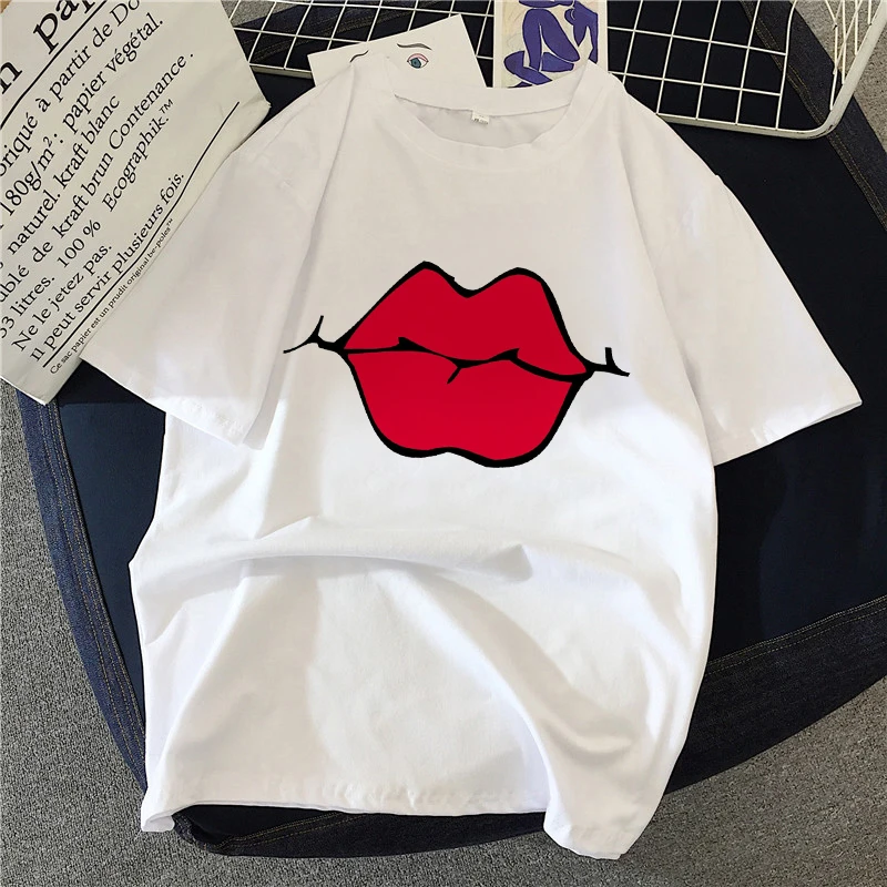 

Women summer clothing Sexy Lips women t-shirt Women Kawaii Red lips Tumblr Harajuku Aesthetic white short sleeve Tshirt