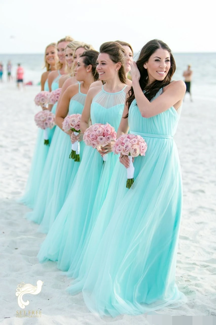 

Fashion Light Turquoise Bridesmaid Dresses 2019 Plus size Beach Tulle Cheap Wedding Guest Party Dress Long Pleated Gown