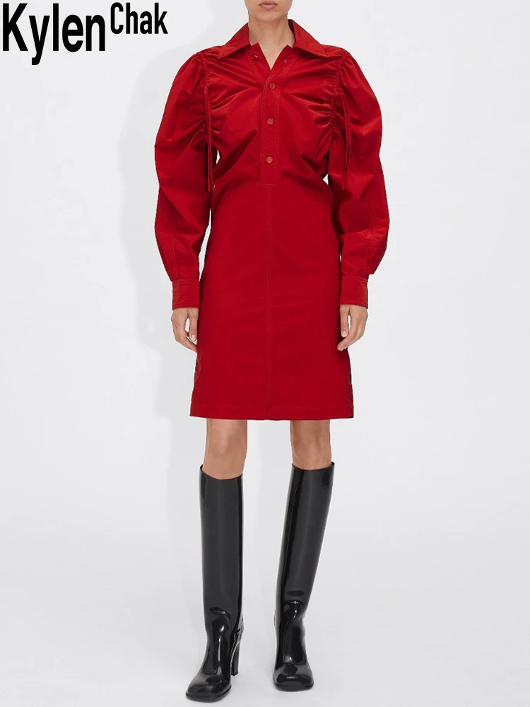

Red Party Dresses Wool Long Sleeve Drawstring Pleated Slim Fit Elegant Black Shirt Dress For New Year 2022 Women Clothing
