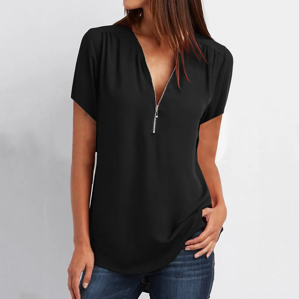 Summer White Black Blouse Woman Fashion Zipper V Neck Casual Shirts Solid Color Female Lady Blouses Tops Tunic Dropshipping 3