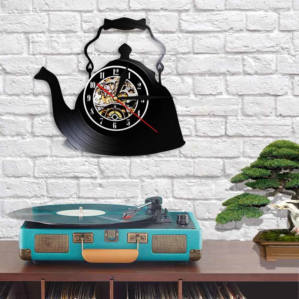 Часы с заварочным чайником винтажный Настенный декор виниловая пластина