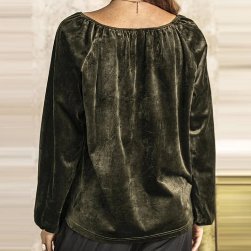 Elegant Fashion O Neck Golden Velvet T-shirts Casual Fall Winter Lantern Sleeves Solid Color Top Loose Pullover Office Lady Tops | Женская