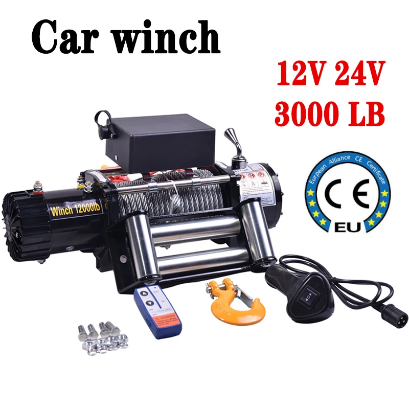 12V/24V Electric Winch Recovery Winch 1360kg 3000lb Off-Road Heavy Duty Car Trailer ATV Remote Control Electric Winches Kit