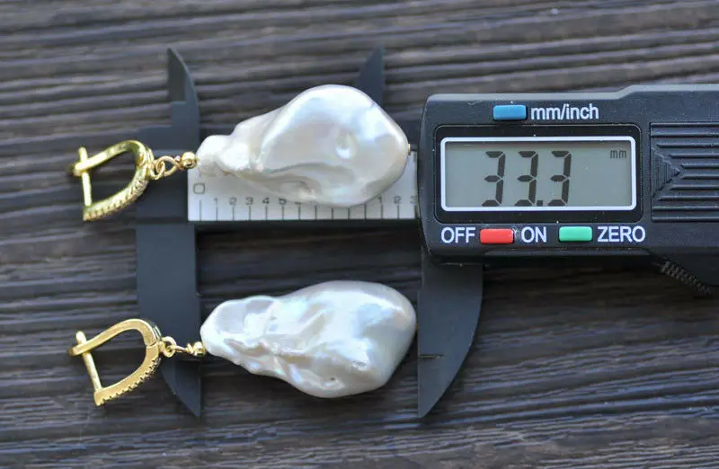 

Huge 34mm White Baroque Keshi Reborn Pearl Dangle Earrings CZ