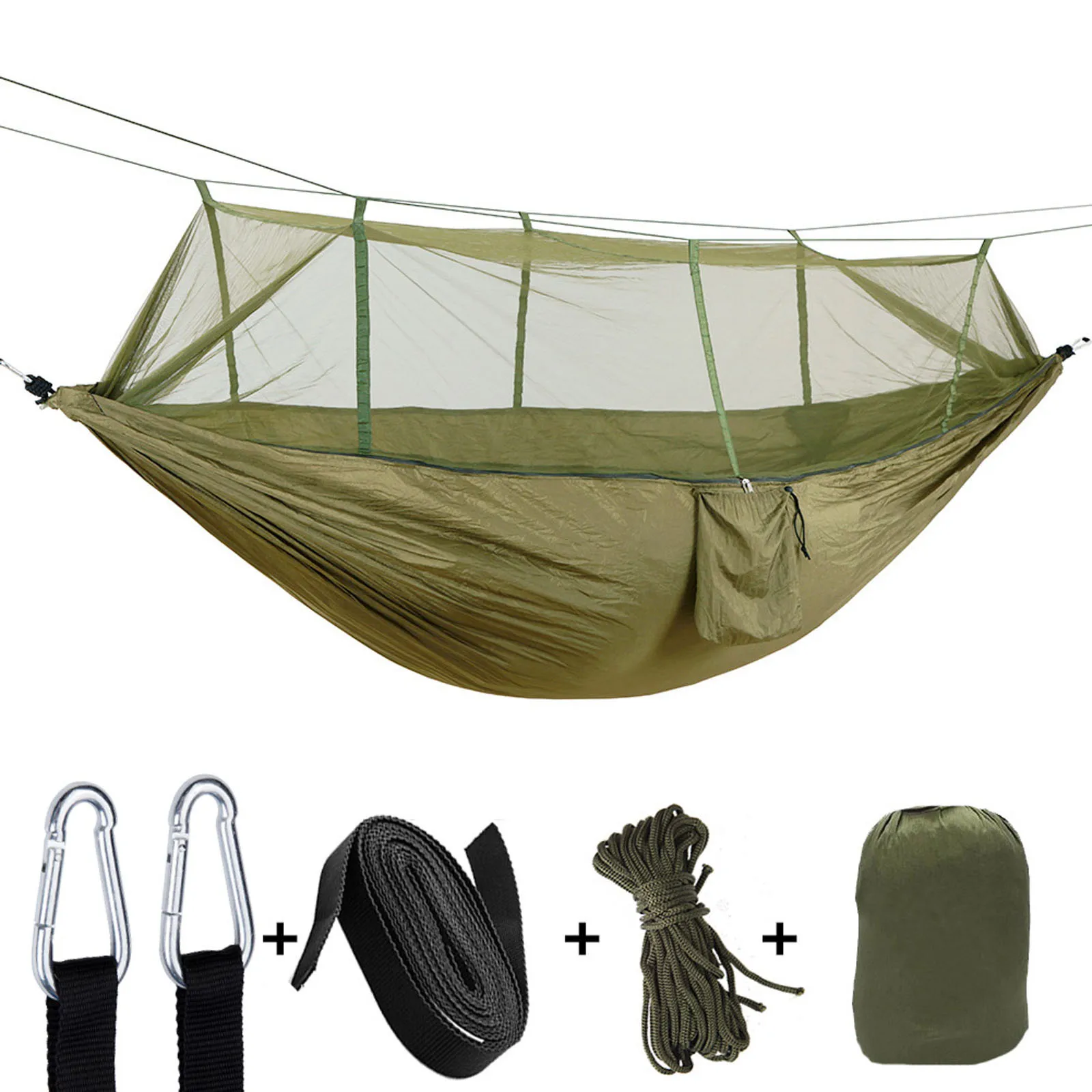 

2021 parachute cloth hammock with mosquito nets ultralight nylon double army green camping sky tent firm light #40