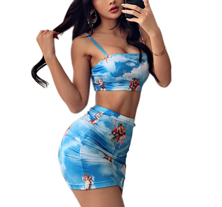 

2020 New 2Pcs Ladies Printed Skirts Set Strappy Crop Tops Short Tank High Waist Mini Skirt Clubwear Fashion Women Clothes Sets