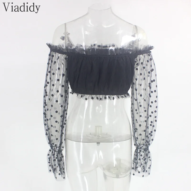 

Women Sexy Slash Neck Sheer Mesh Slash Neck Pockal Dot Print Flare Sleeve Blouse