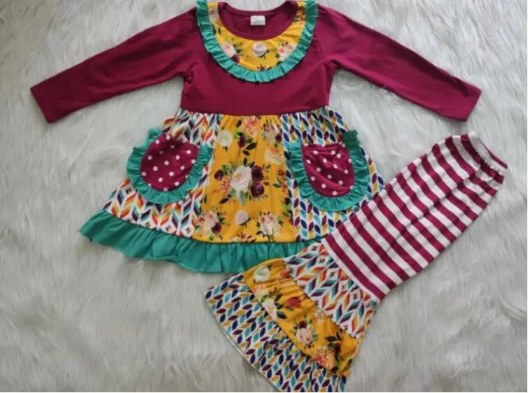 

new style girls clothes double pockets lovely flower pattern and pants outfits